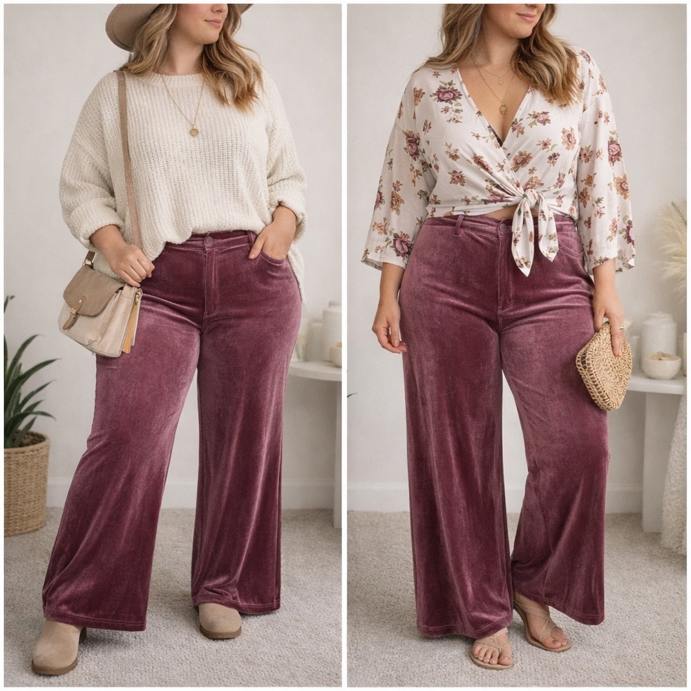BiBi Plush Velvet Wide-Leg Pants in Dusty Rose 03-0117